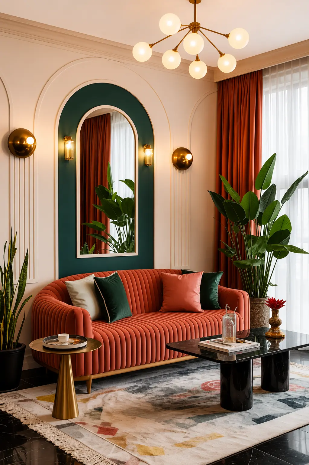 Warm, curved luxury interior lobby with tan beige wall panels
