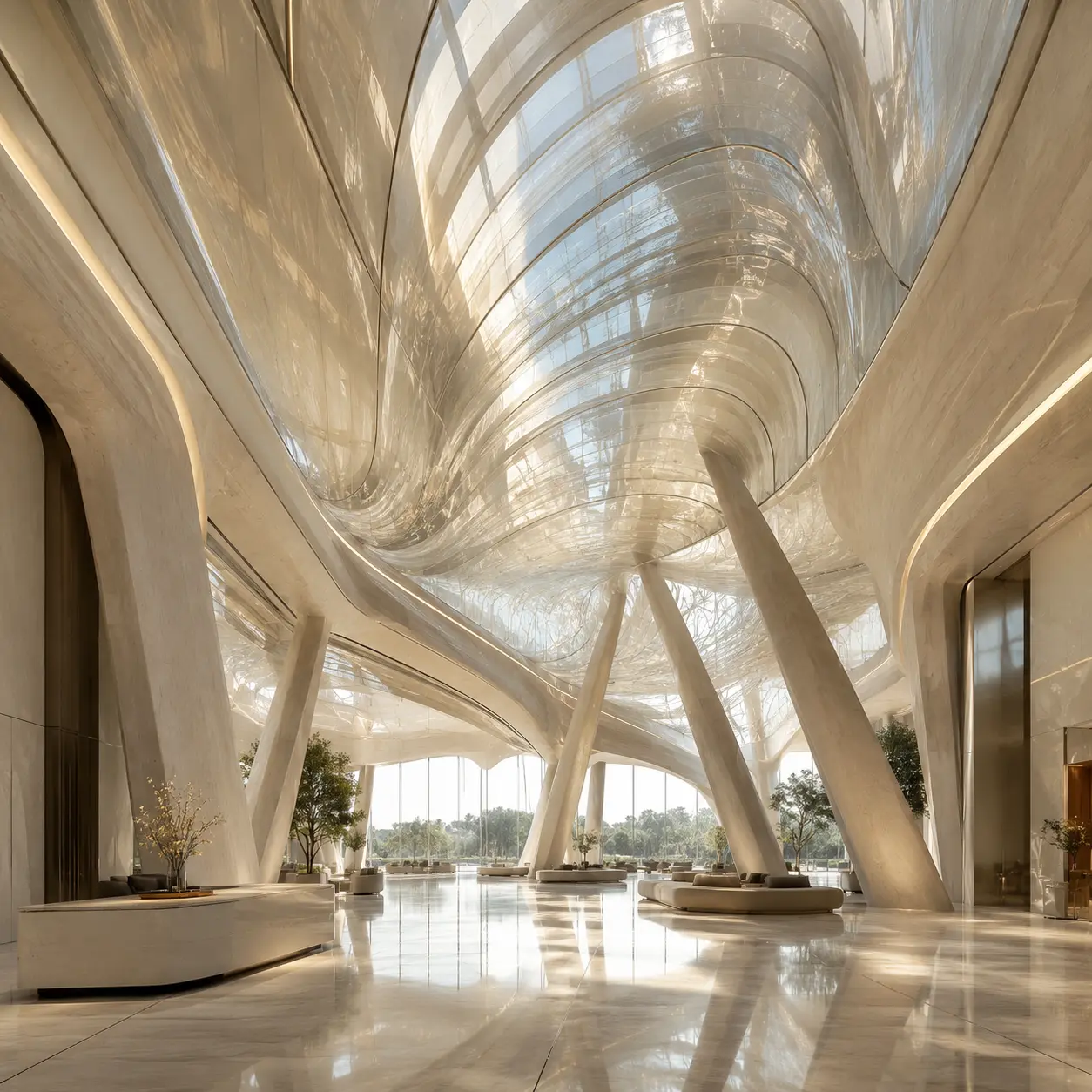 Elegant curved lobby with tall wood paneled walls overlooking a winter forest scene