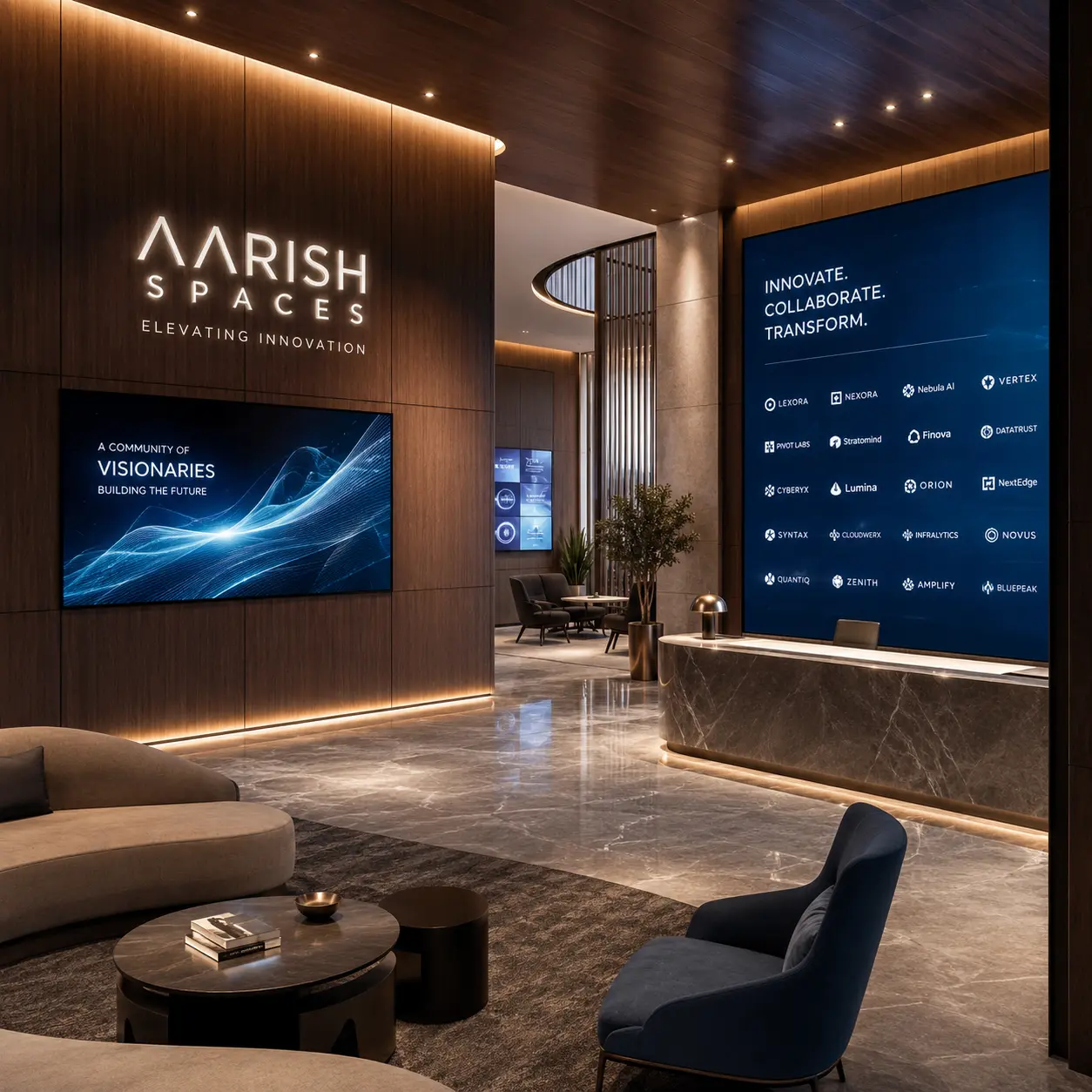 Wide angle reception desk with glossy wave-shaped glass front and wood columns